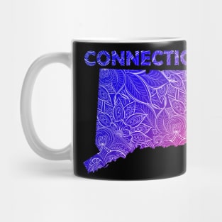 Colorful mandala art map of Connecticut with text in blue and violet Mug